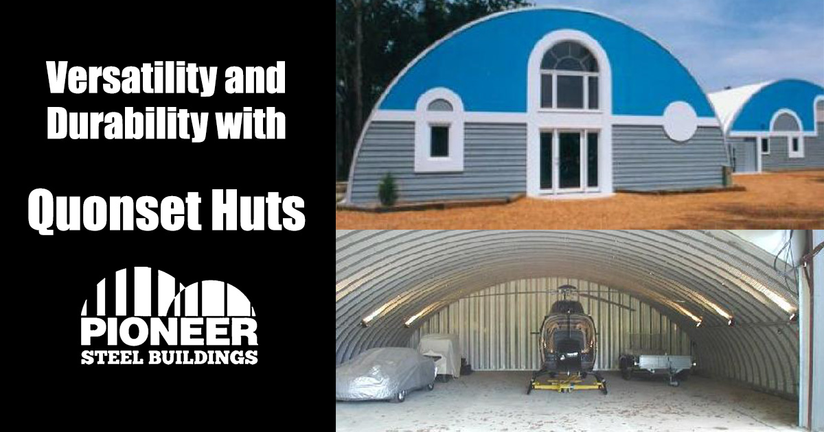 A pair of steel buildings in the quonset hut design.