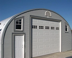 Grey garage with custom front wall and accessories